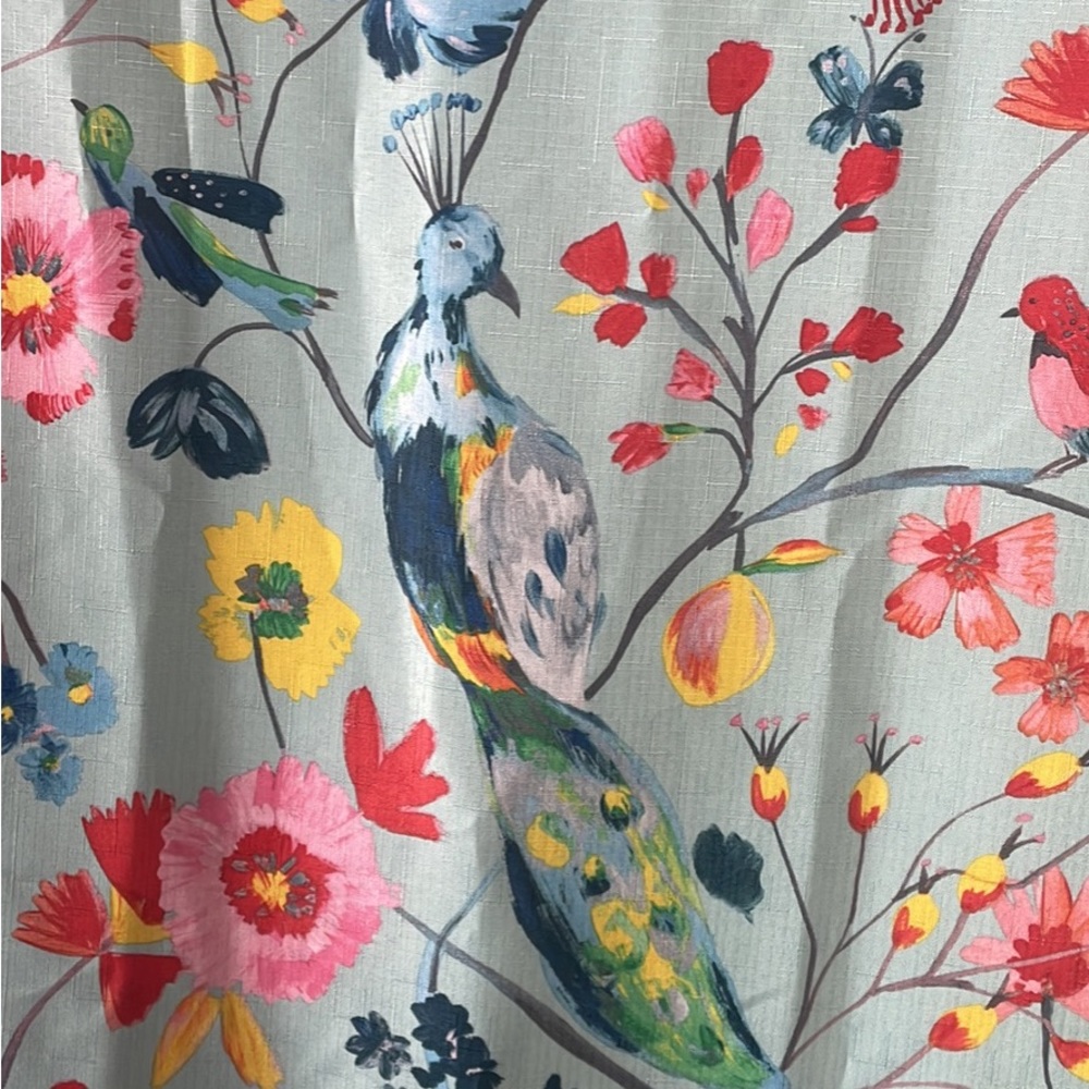 Teal w/multi colored birds.4 panels. 
85 longx 50w Polyester
Rod,Lined, grommet
